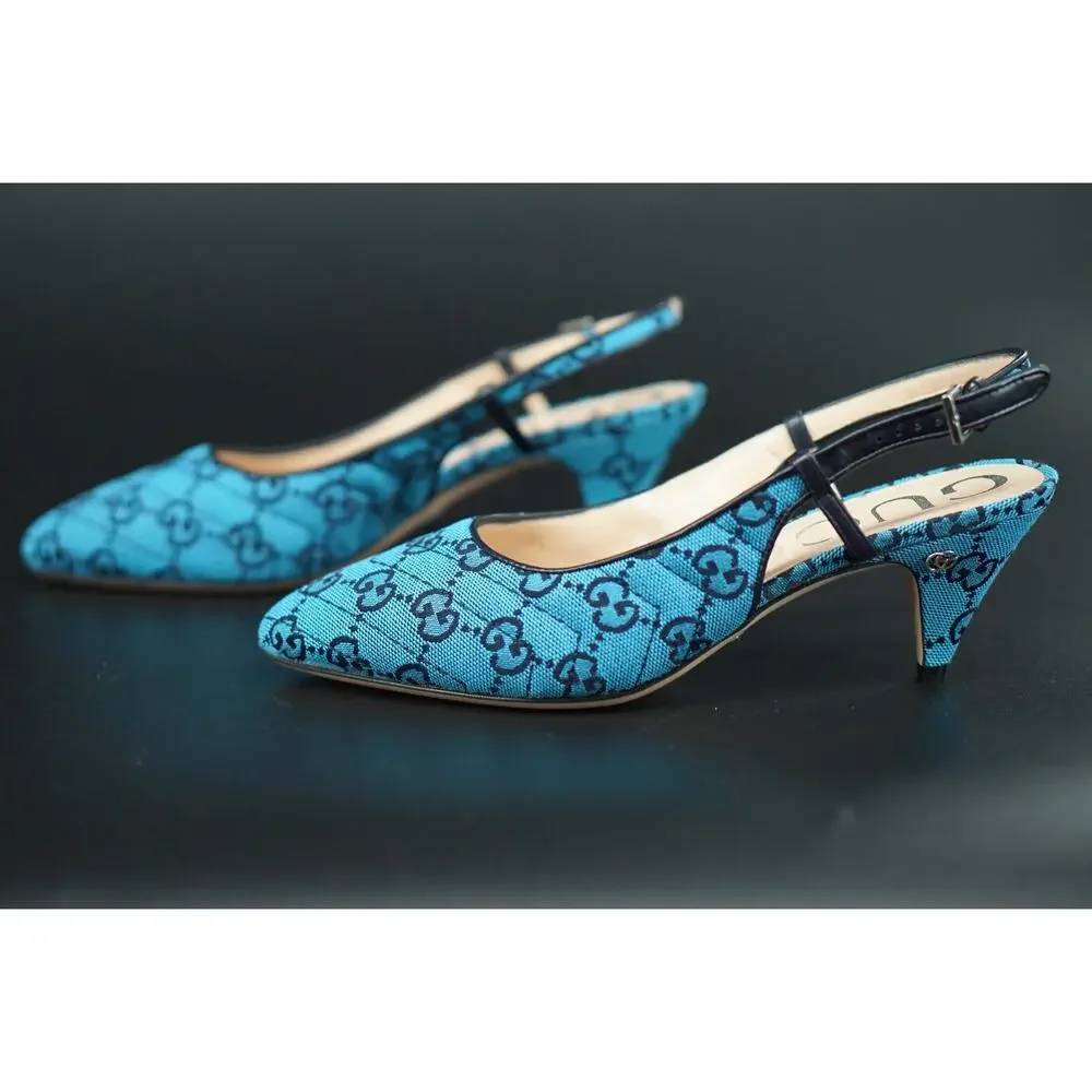 Gucci Charlotte Blue Canvas GG Strap Pointed Toe Slingback Pumps Size 37 $695